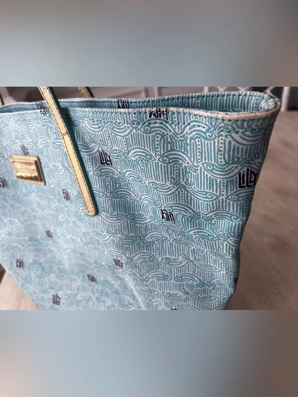 Lilly Pulitzer Shorely Blue Patterned Resort Tote with Gold Straps